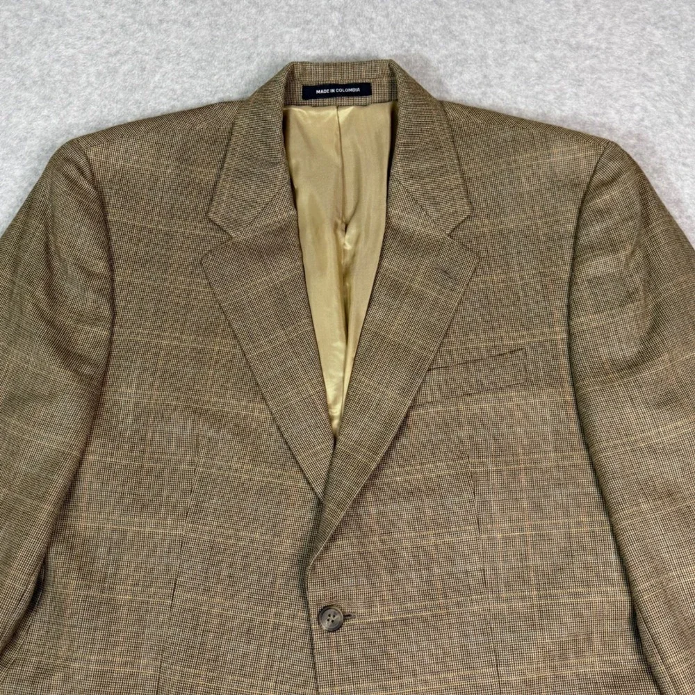 Lauren Ralph Lauren Mens 43R Blazer Silk Wool Glen Check Tan Brown Sport Coat